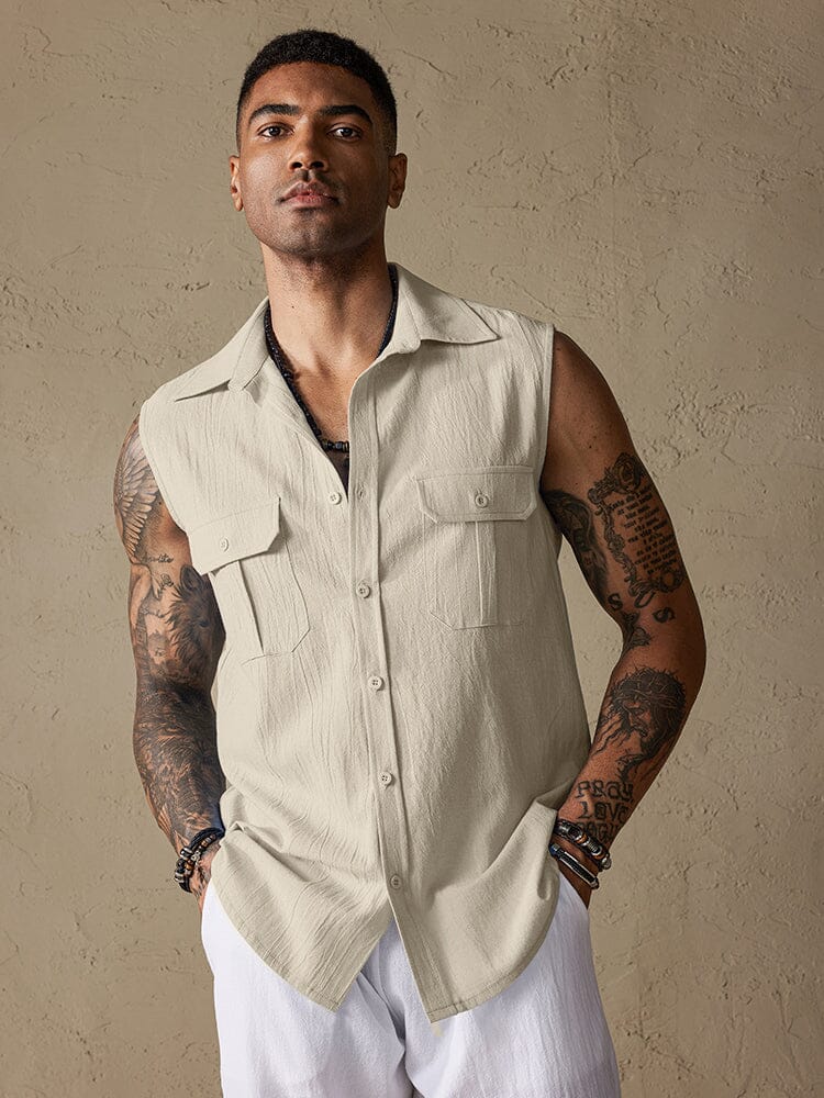 Cotton Linen Sleeveless Button Shirt with Pockets