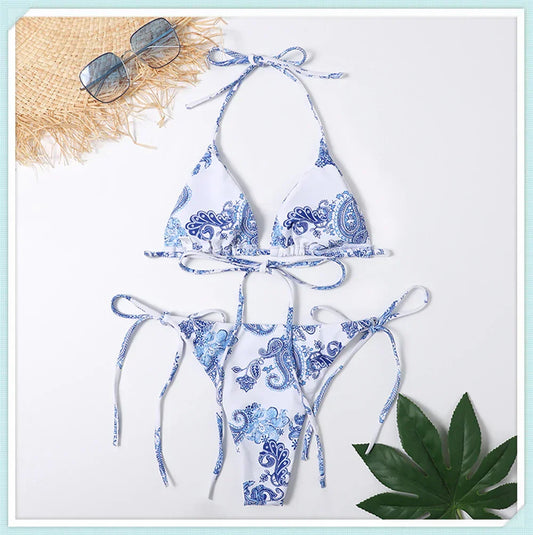 Colorful Print Triangle Lace Up Bikini Set