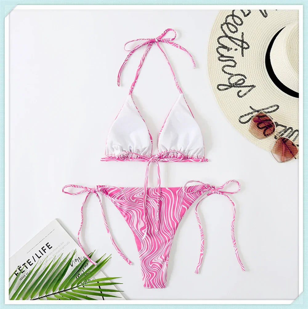 Colorful Print Triangle Lace Up Bikini Set