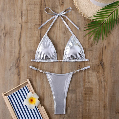 Metallic Triangle Thong Bikini