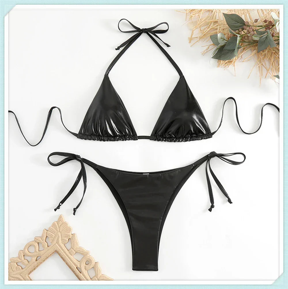 Metallic Triangle Lace Up Bikini Set