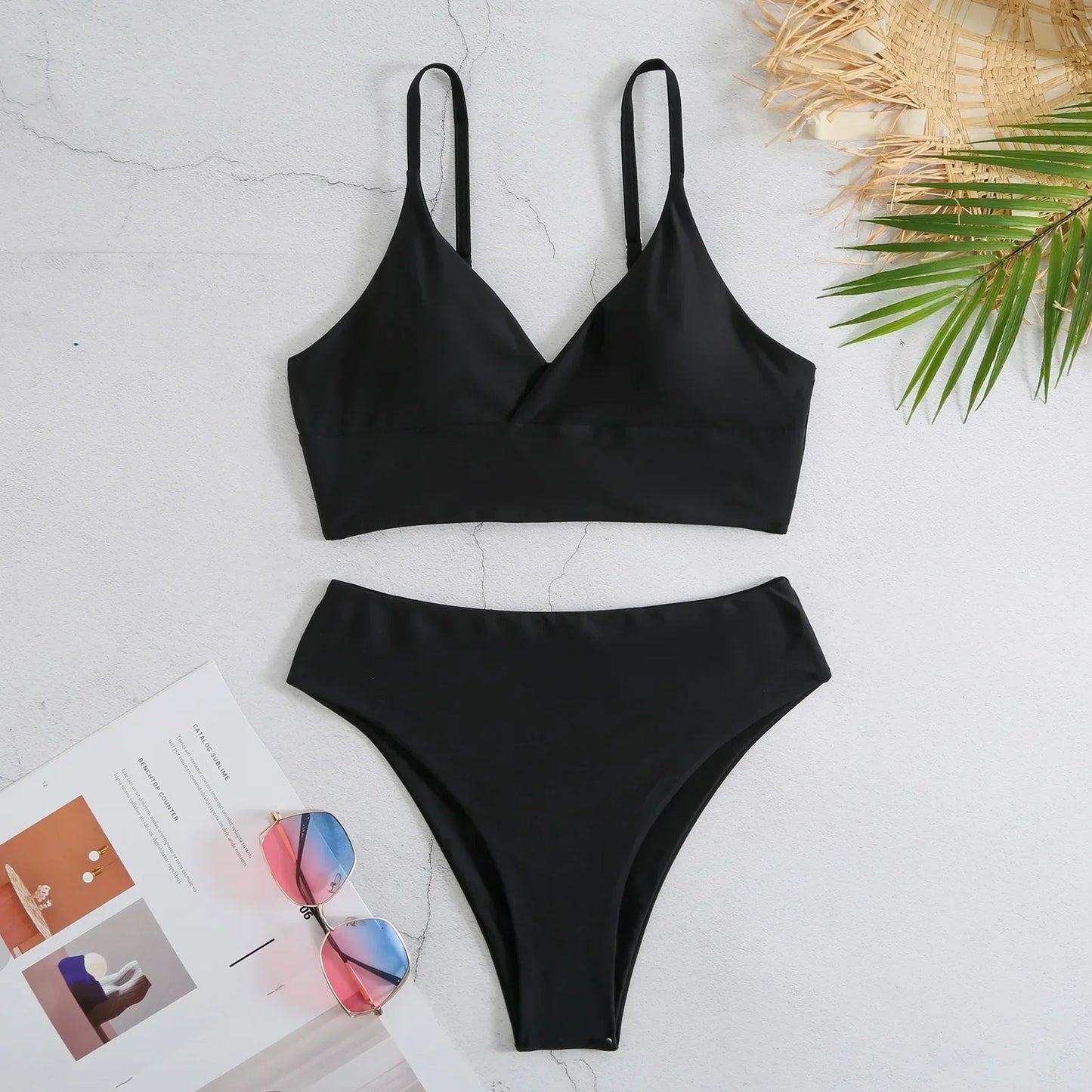 High Waist Solid Color 2 Piece Swimsuit