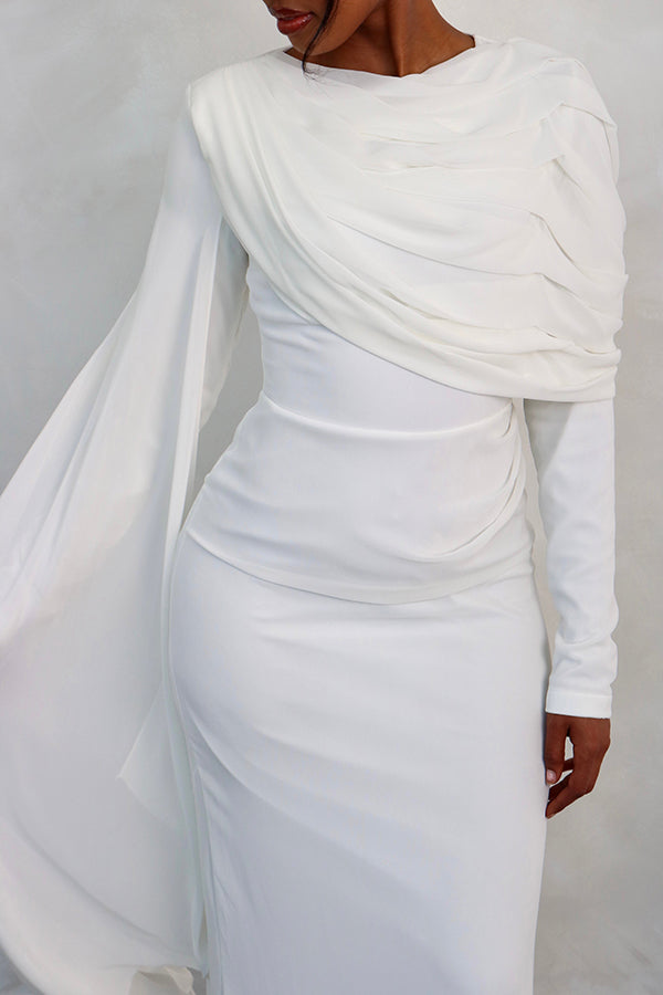 Elegant Drape Sleeve Ruched Maxi Dress