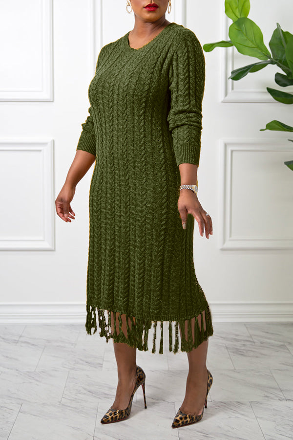 Cable Knit Fringe Trim Sweater Dress