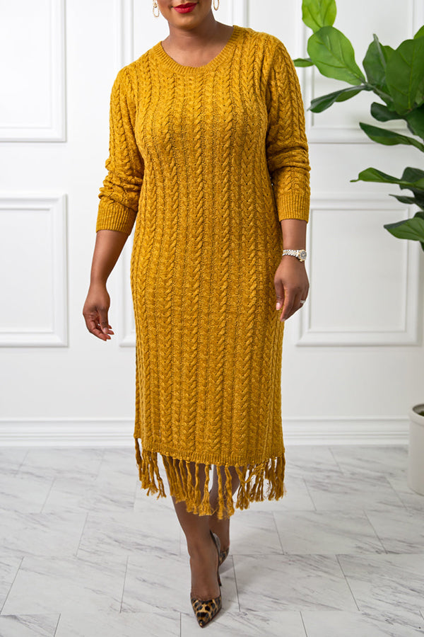 Cable Knit Fringe Trim Sweater Dress