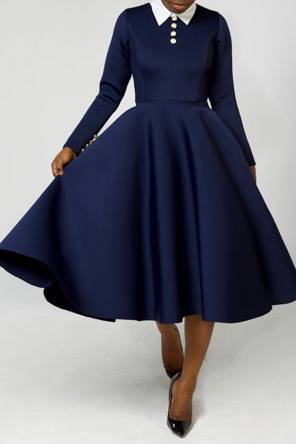 Elegant Lapel Button Classic Midi Dress