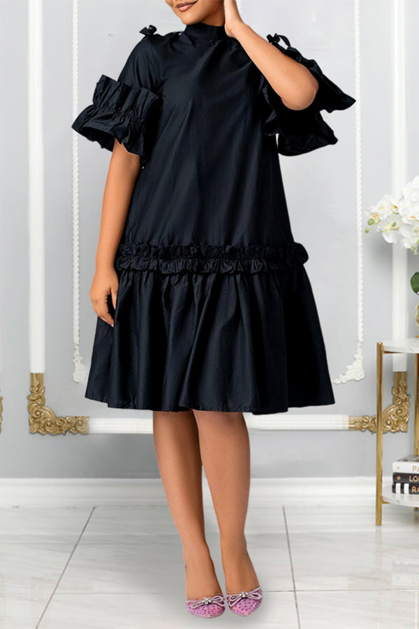 Elegant Frilled Pleated Midi Dress