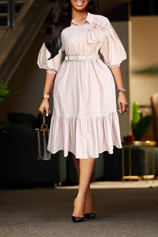 Elegant Puff Sleeve Belted Ruffle Hem Dress