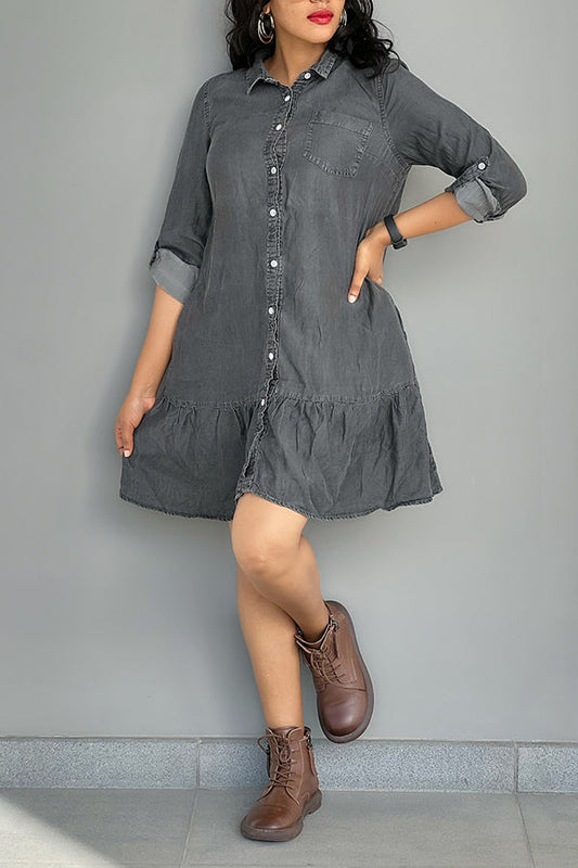 Casual Ruffle Hem Denim Shirt Dress