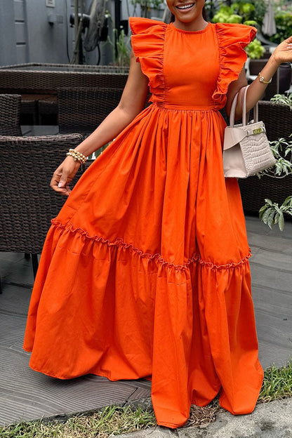 Stylish Flutter Sleeve Ruffle Hem Maxi Dress