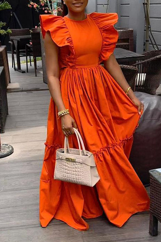 Stylish Flutter Sleeve Ruffle Hem Maxi Dress