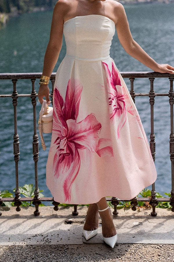 Elegant Tropical Print Tube A-line Dress