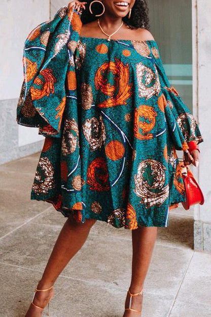 Off Shoulder Allover Print Ruffle Hem Dress