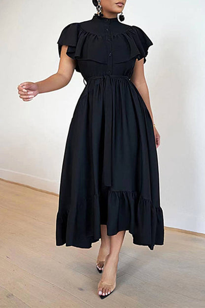 Button Front Ruffle Hem Stylish Dress