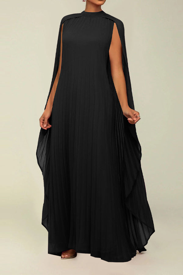 Elegant Round Neck Pleated Cape Dress