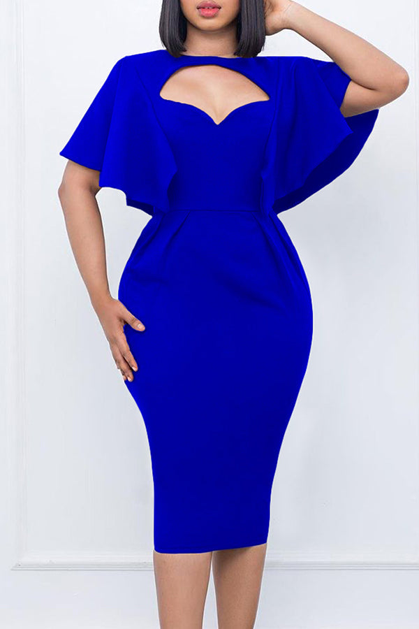 Elegant Solid Keyhole Neck Midi Dress