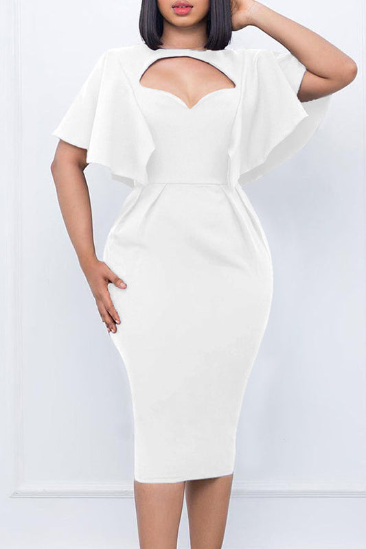 Elegant Solid Keyhole Neck Midi Dress