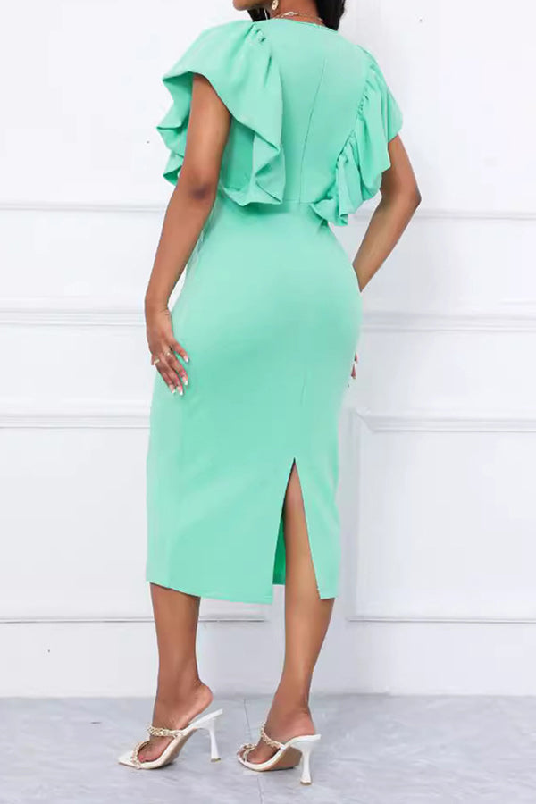 Elegant V-Neck Flutter Sleeve Midi Dress