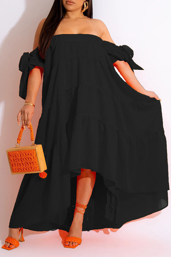 Stylish Off Shoulder Ruffle Hem Maxi Dress