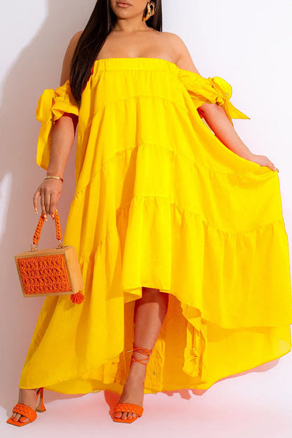 Stylish Off Shoulder Ruffle Hem Maxi Dress