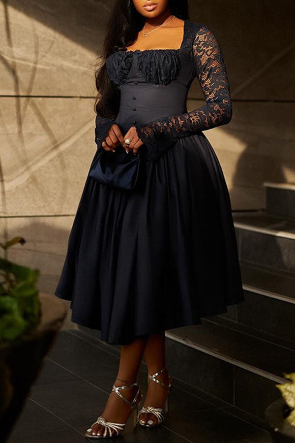 Elegant Lace Panel Sleeve Pleated Midi Dress