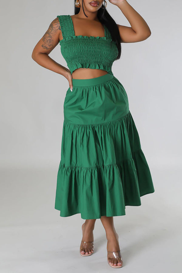 Fashionable Bust Wrap & Solid Color Skirt Set