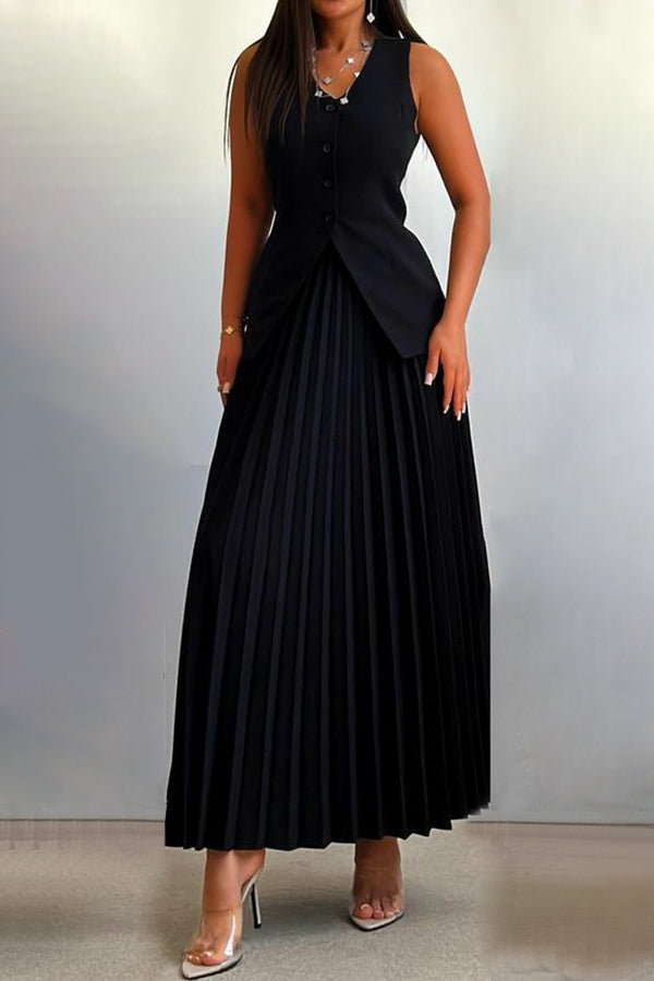 Elegant Solid Color Vest & Pleated Skirt Set