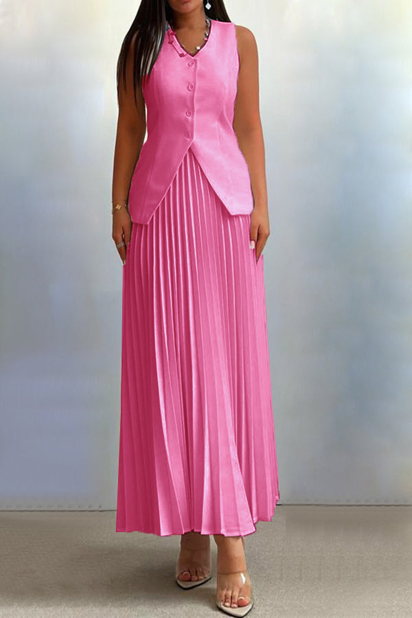 Elegant Solid Color Vest & Pleated Skirt Set