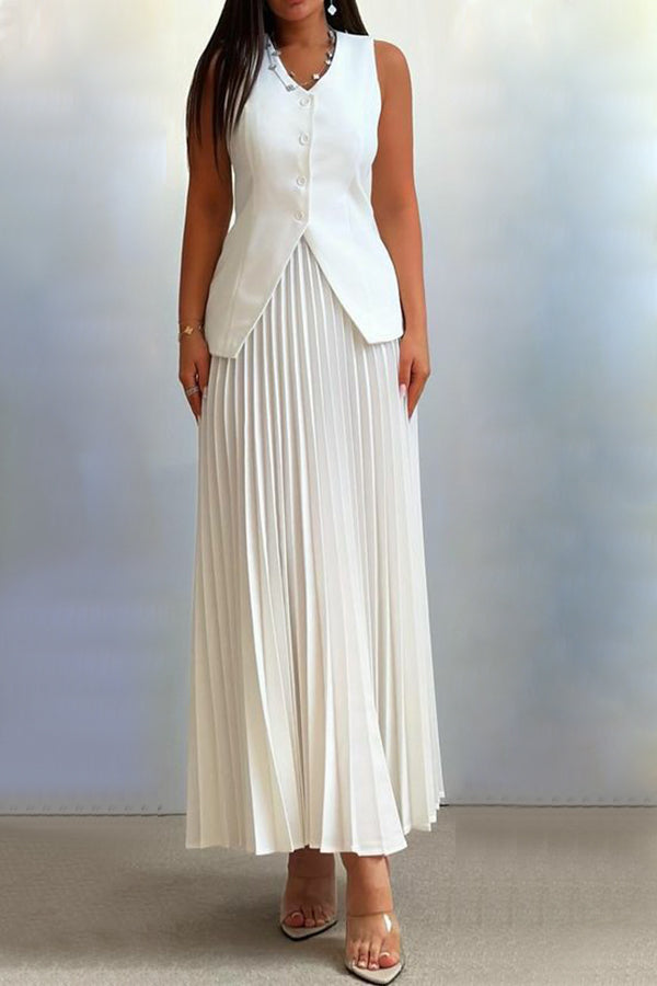 Elegant Solid Color Vest & Pleated Skirt Set