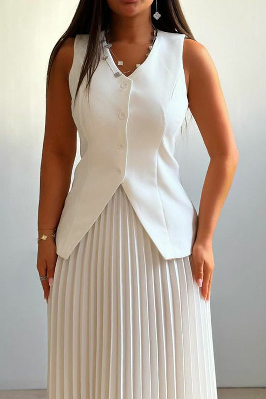 Elegant Solid Color Vest & Pleated Skirt Set