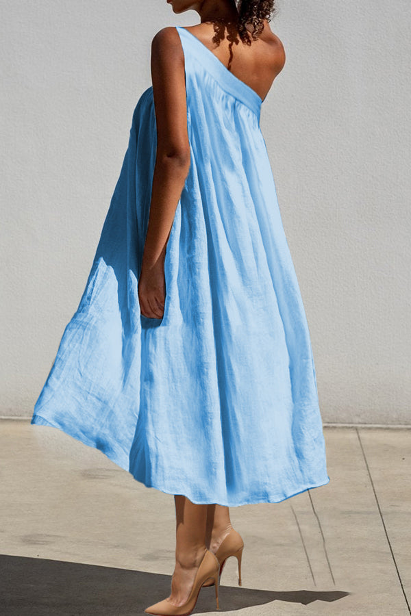 Summer Cozy One Shoulder Pleated Slant Pocket Midi Dress