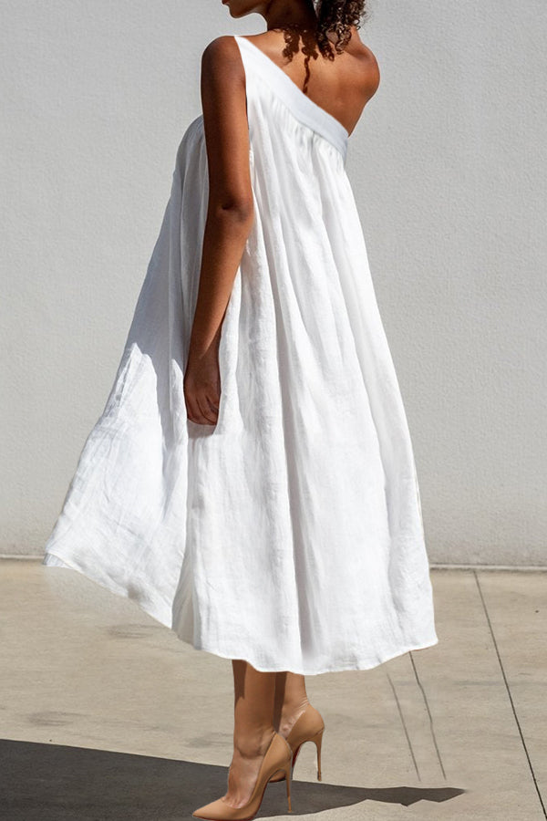 Summer Cozy One Shoulder Pleated Slant Pocket Midi Dress