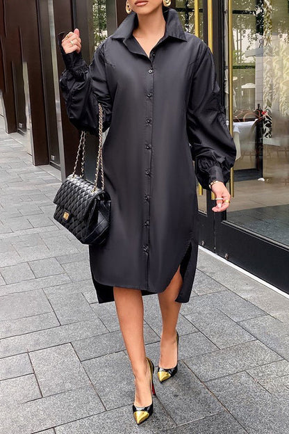 Lapel Pleated Puff Sleeve Shirt Dress