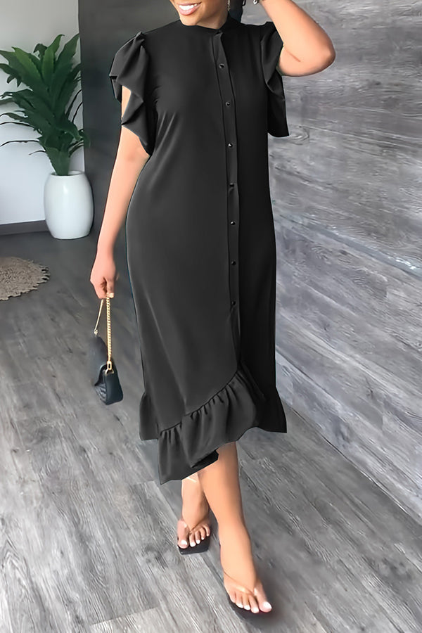 Ruffle Solid Color Casual Midi Dress