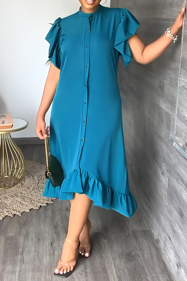 Ruffle Solid Color Casual Midi Dress