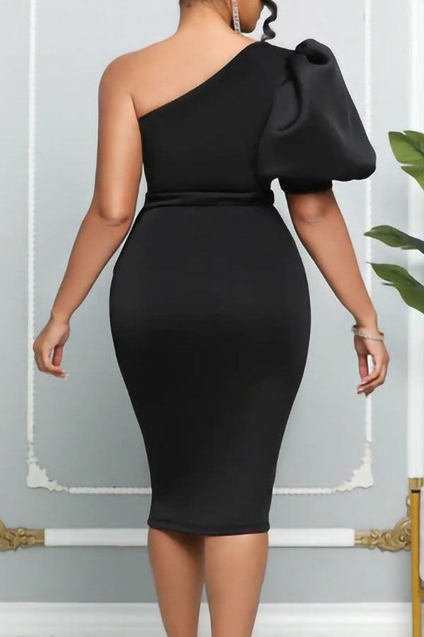 Bubble Sleeve Ruffle Side Bodycon Dress