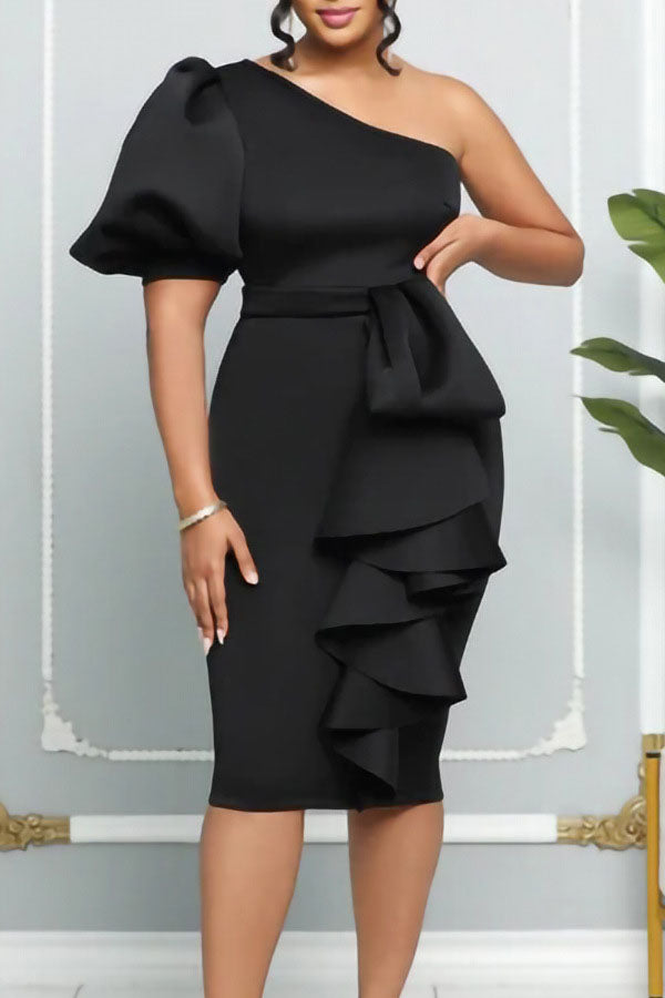 Bubble Sleeve Ruffle Side Bodycon Dress