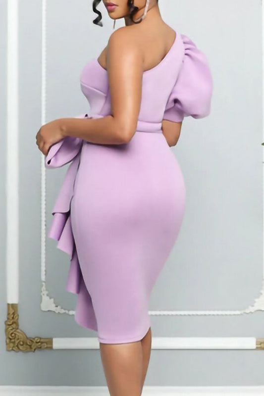 Bubble Sleeve Ruffle Side Bodycon Dress