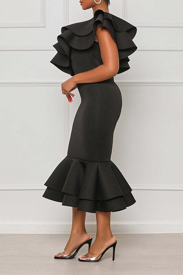 Layered Ruffle Fishtail Evening Dress