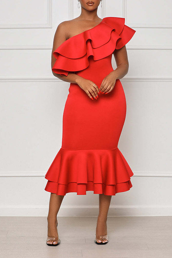 Layered Ruffle Fishtail Evening Dress