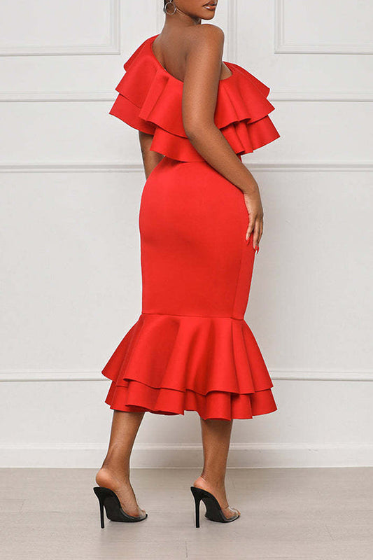 Layered Ruffle Fishtail Evening Dress