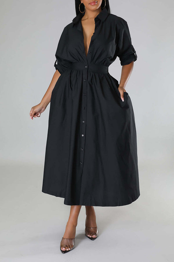 Stylish Ruched Elastic Waist Shirt Dress