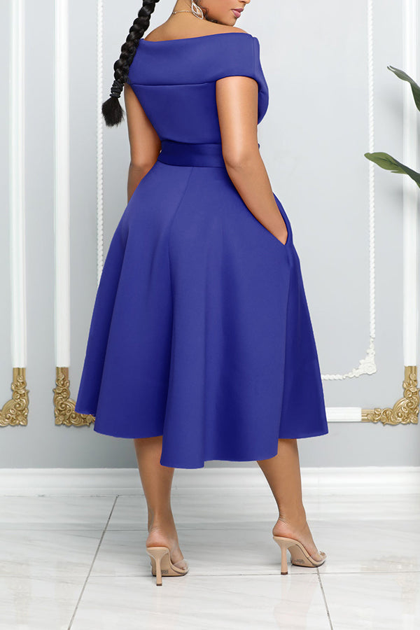 Off Shoulder Belted Swing Dress