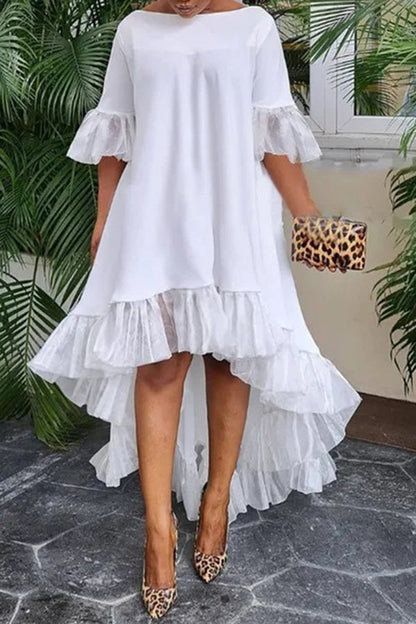 Chic Solid Color Ruffled High Low Dress