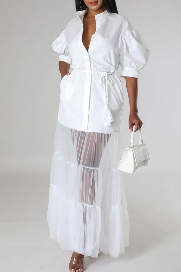 Puff Sleeve Ruffle Hem Shirt Dress