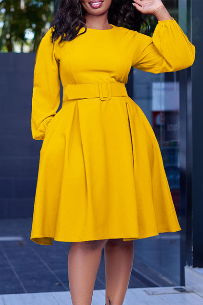 Classic Belted Lantern Sleeve A-line Dress