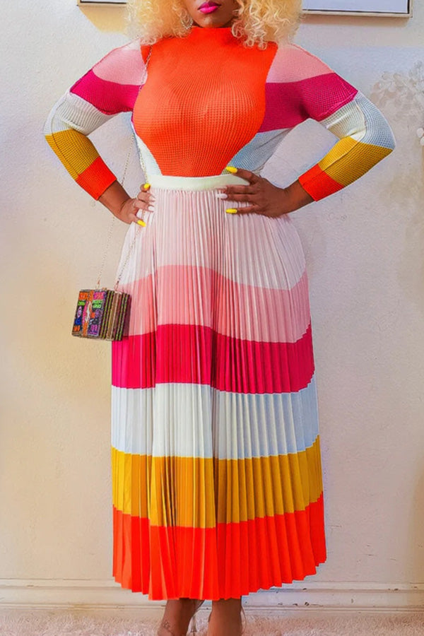 Mock Neck Colorblock Top & Pleated Skirt Set