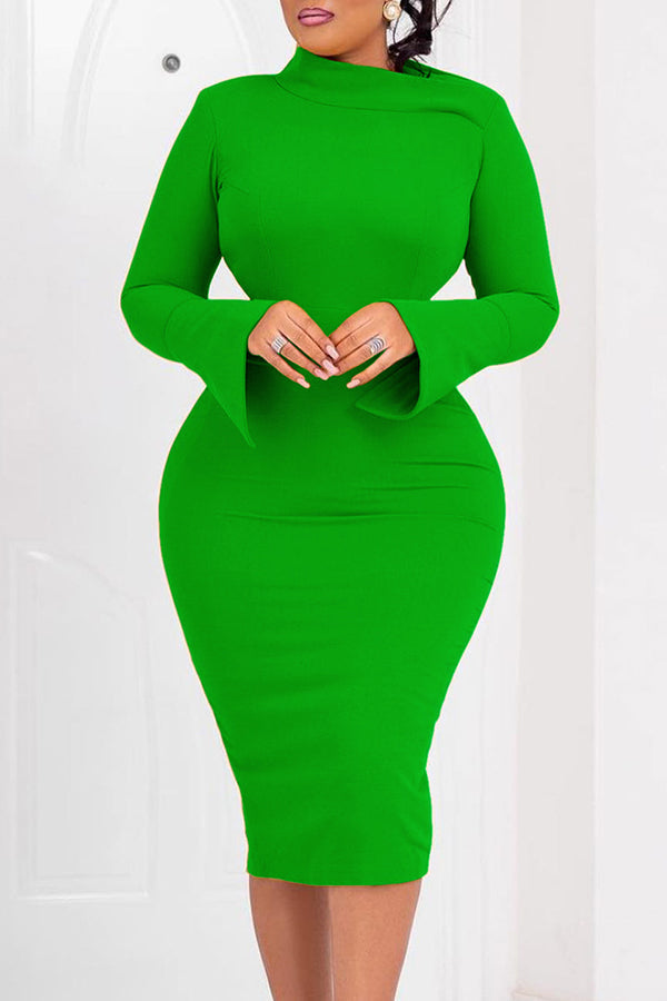 Elegant Oblique Neck Trumpet Sleeve Bodycon Dress