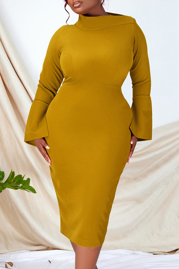 Elegant Trumpet Sleeve Midi Dress