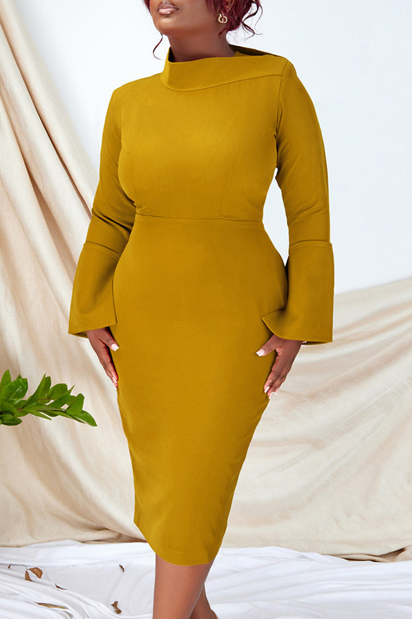 Elegant Trumpet Sleeve Midi Dress